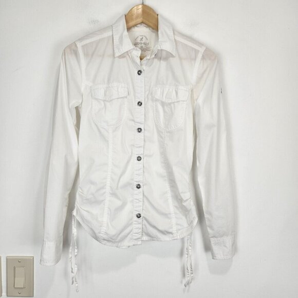Gramicci Button Up Shirt Womens XS White Roll Tab Sleeves Ruched Sides Outdoor - Picture 2 of 11